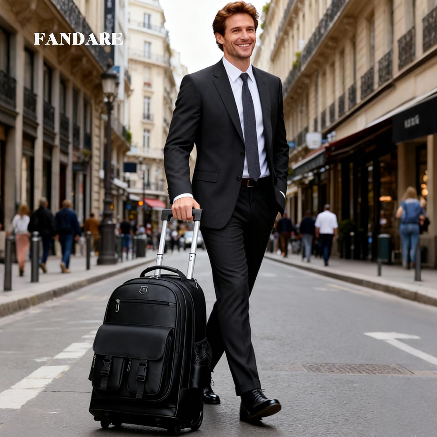 FANDARE Rolling Laptop Backpack Convertible Luggage Backpack with Wheels Travel Daypacks Multi-Functional Carry-On for Business Trip Men Lifestyle Outdoor Urban Waterproof PU Film Backpacks Black