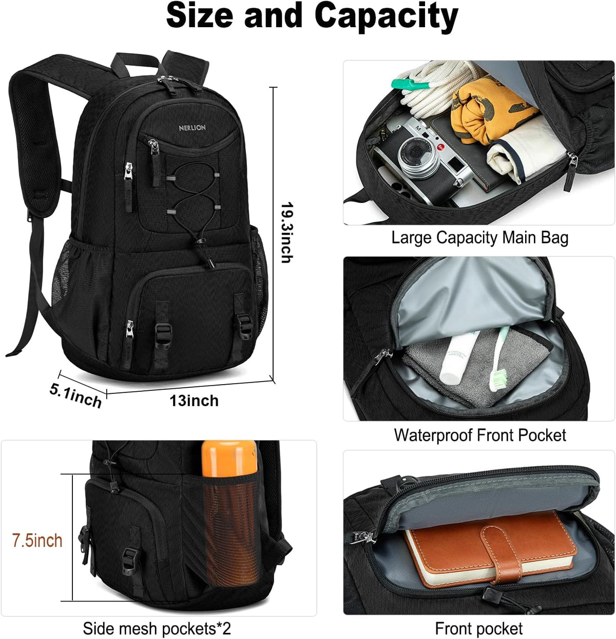 Nerlion 35L Hiking Backpack Travel Backpack for Men Women Camping Waterproof Outdoor Hiking Daypack Lightweight Backpack Black