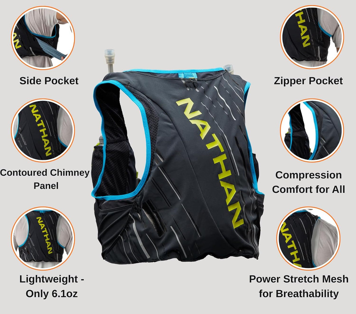 Nathan Men's Pinnacle Race Vest 4L Hydration Pack, Two 20 oz Soft Flasks, Running, Hiking, Water-Resistant, Moisture Wicking, Adjustable Straps