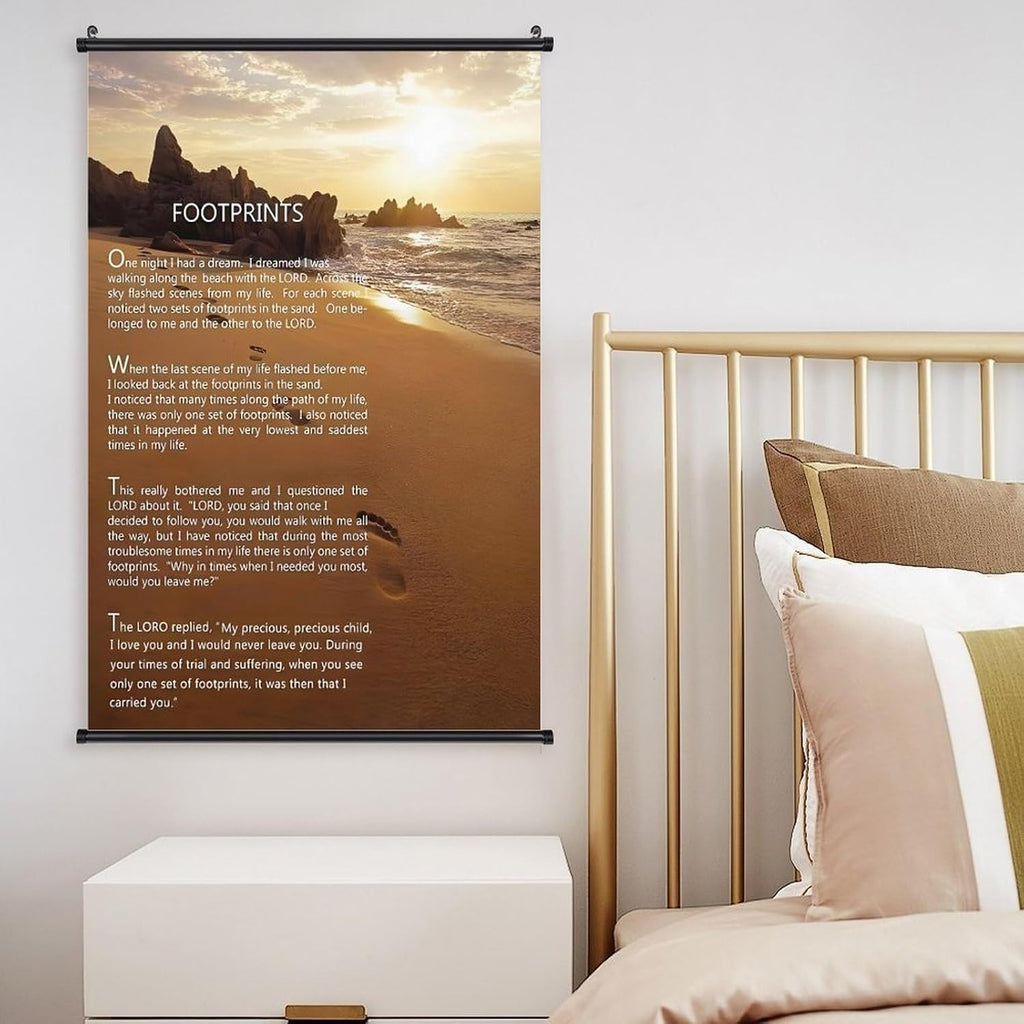 Footprints in the Sand Religious Canvas Wall Art Posters, Inspirational Beach Sunset Poem Print Poster (Black Axis 12x18inch, Footprints(2))