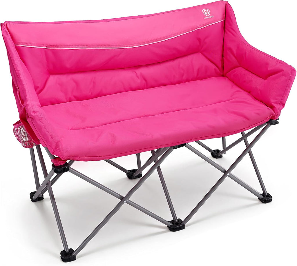 EVER ADVANCED Double Camping Chair for Adults, Padded Folding Camping Love Seat with Side Pocket Portable Camping Couch, Two Person Heavy Duty Folding Outdoor Chair with Cushion,Support 600lbs,Green