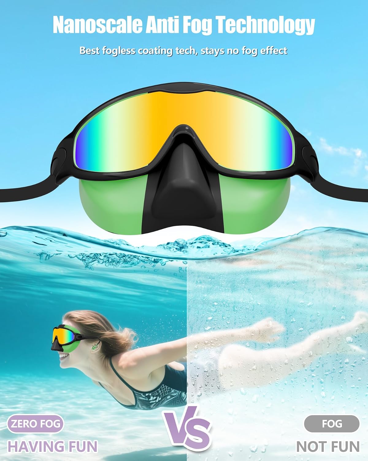 Aegend Swim Goggles with Nose Cover, 2 Pack Wide View Swimming Mask Anti-Fog/UV