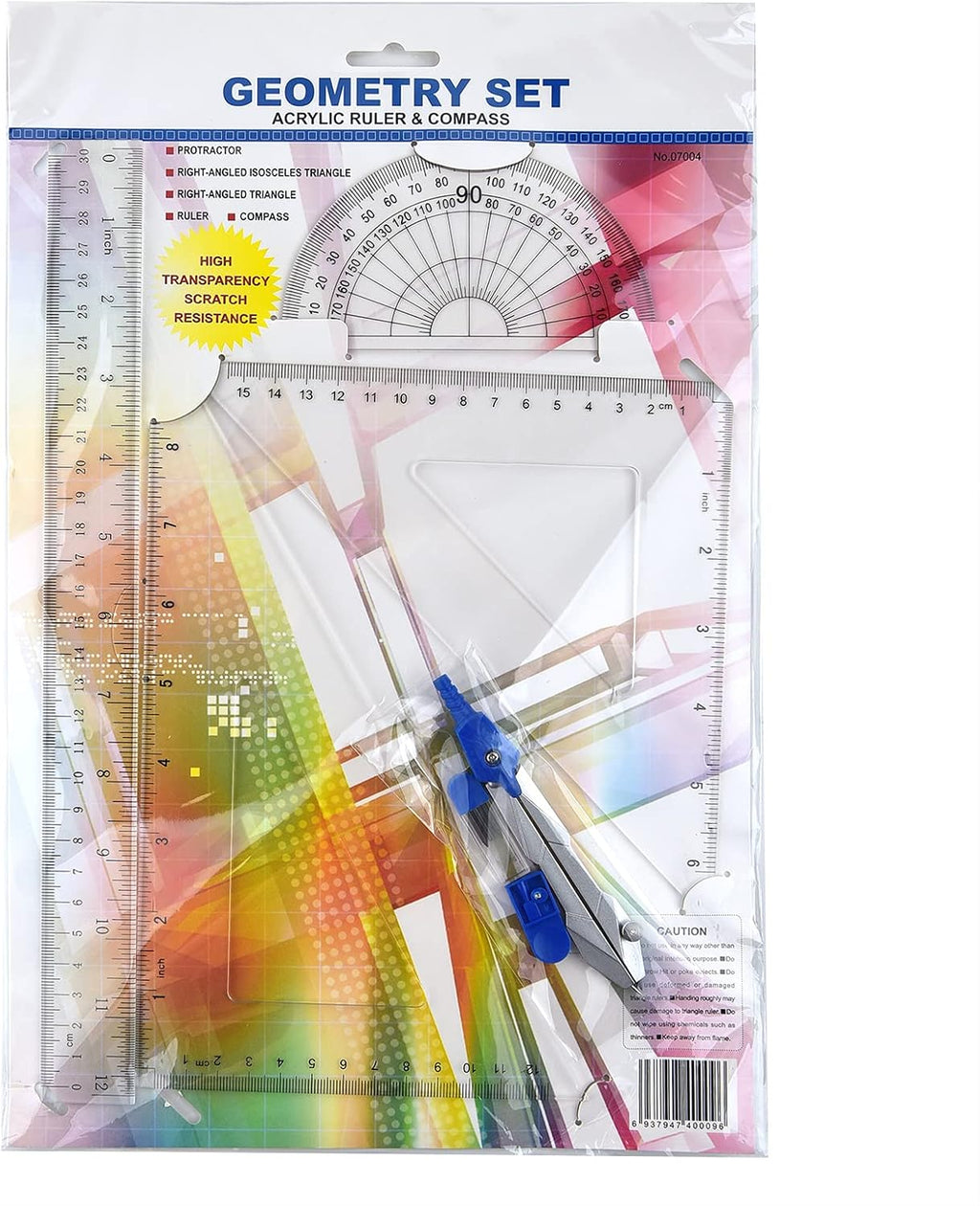 Coopay 12 Inch Math Geometry Tool Plastic Ruler Square Set Includes Straight Ruler, Triangles, Protractor, Compass, Pencil Lead, Pencil Sharpener for Student School Home Office Supplies