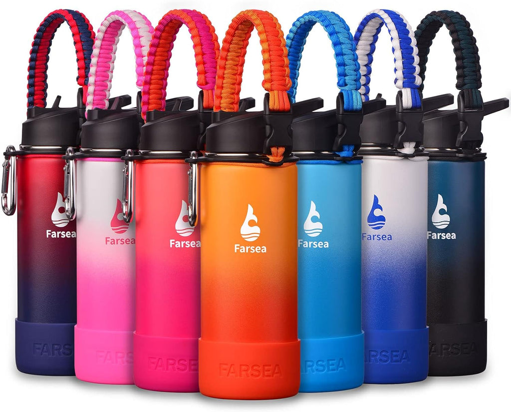 Farsea Insulated Water Bottle With Paracord Handle, Protective Silicone Boot and 2 Lids (Straw Lid & Spout Lid), Stainless Steel Water Bottle Wide Mouth, Double Wall Sweat-Proof BPA-Free, 18 oz