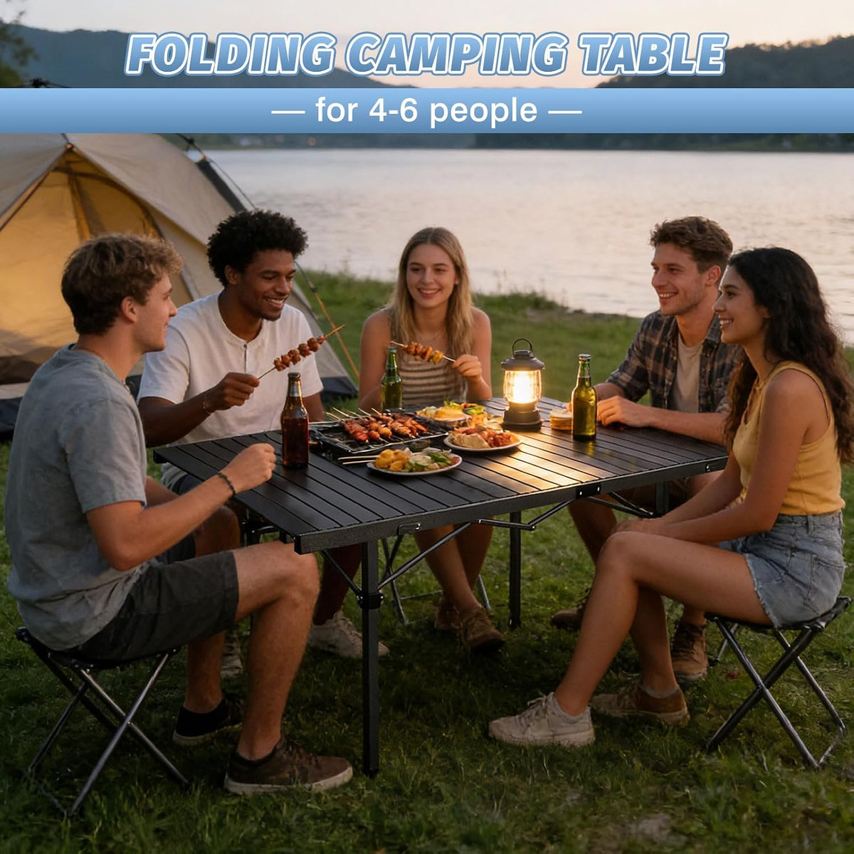 29.9" Tall Folding Camping Table for 2-6 Person, 54.7" Large Aluminum Foldable Roll-up Table Outdoor with Carry Bag for Picnic, Camp, Sturdy, Backyard, Patio
