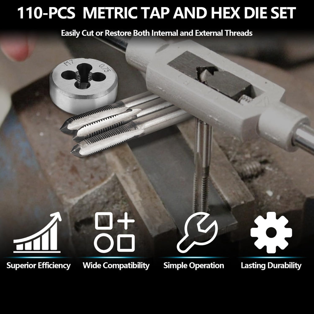 110PCS Metric Tap and Die Set, Metric Size M2-M18 Rethreading Kit