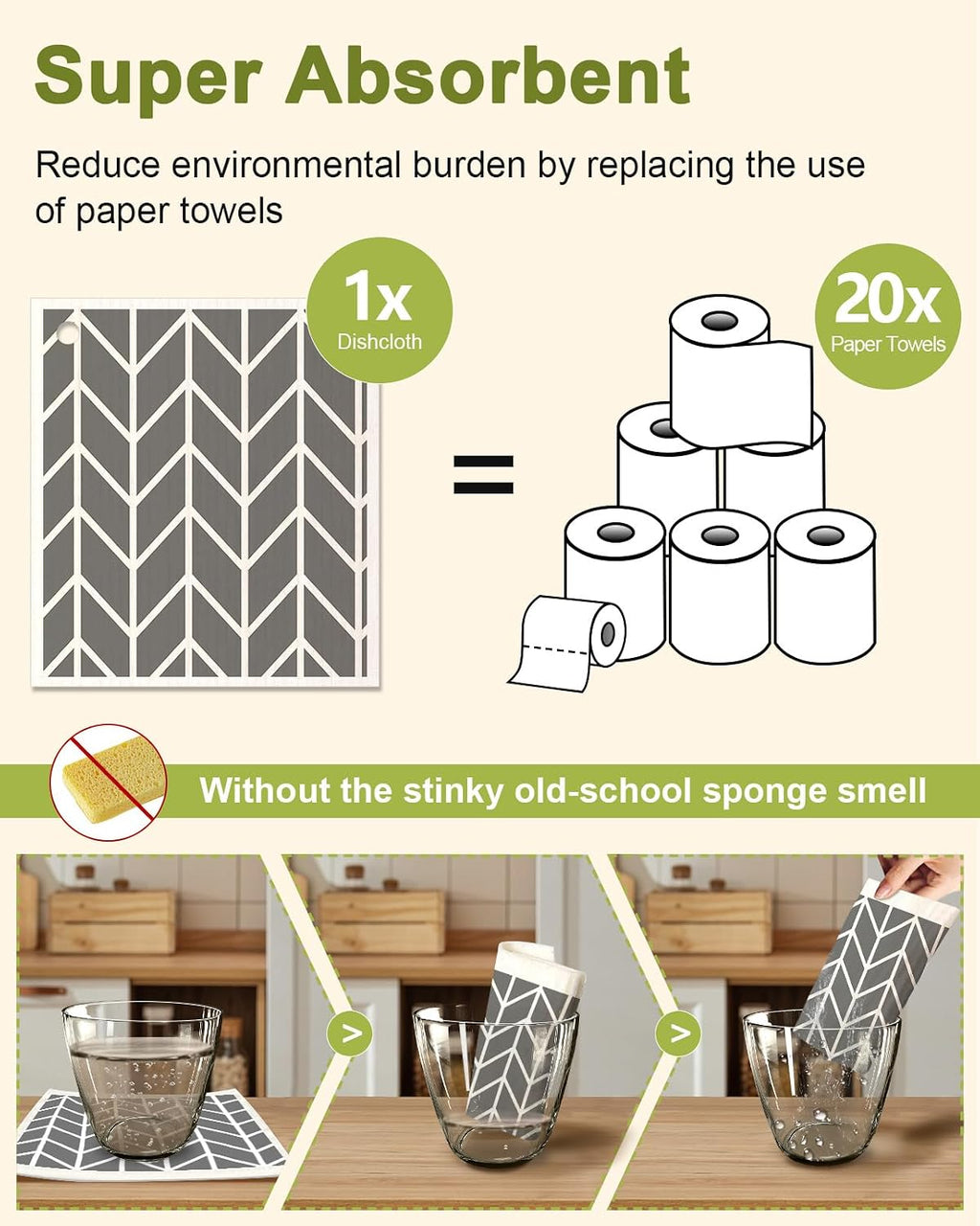 Miss Adola 6 Pack Swedish Dishcloths for Kitchen - Reusable Dish Cloths for Washing Dishes Absorbent Cute Funny Kitchen Towels Cleaning Sponge, Grey Checked