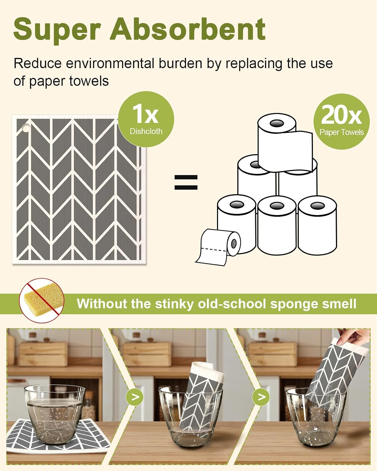 Miss Adola 6 Pack Swedish Dishcloths for Kitchen - Reusable Dish Cloths for Washing Dishes Absorbent Cute Funny Kitchen Towels Cleaning Sponge, Grey Checked