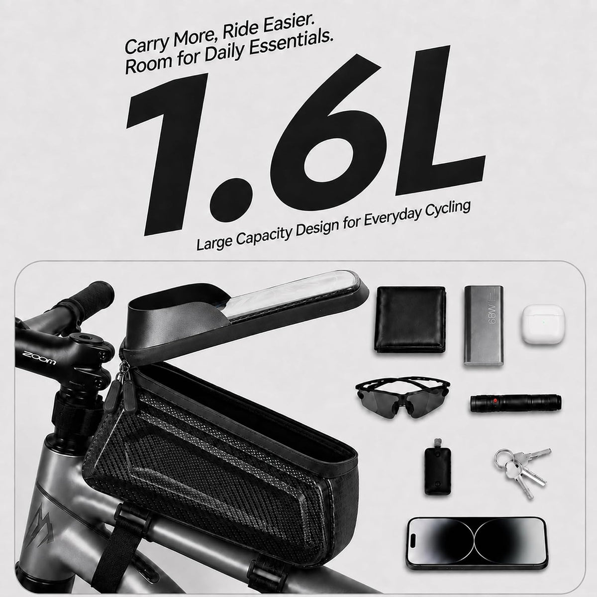 Susbie Bike Frame Bag,Waterproof EVA Hard Shell,Bike Phone Mount Holder Bag