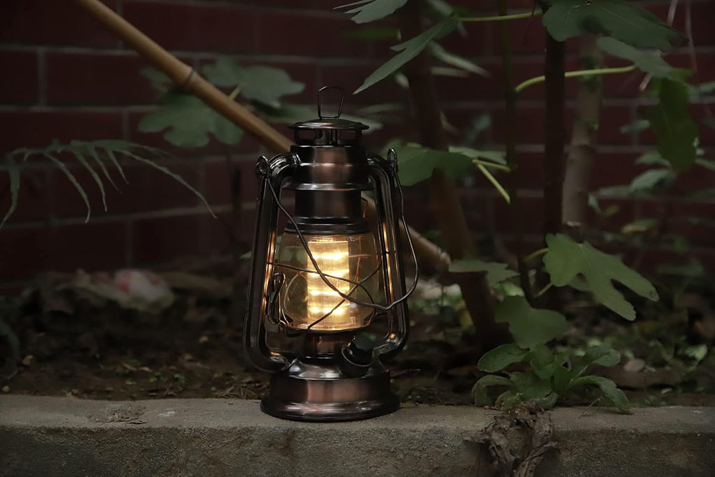 YAKii LED Vintage Lantern Metal Hanging Hurricane 12 LED Dimmer Switch Warm White Battery Operated Lantern Power Outage Indoor Camping Lighting Outdoor Brooklyn Decoration(Copper Pack of 8)