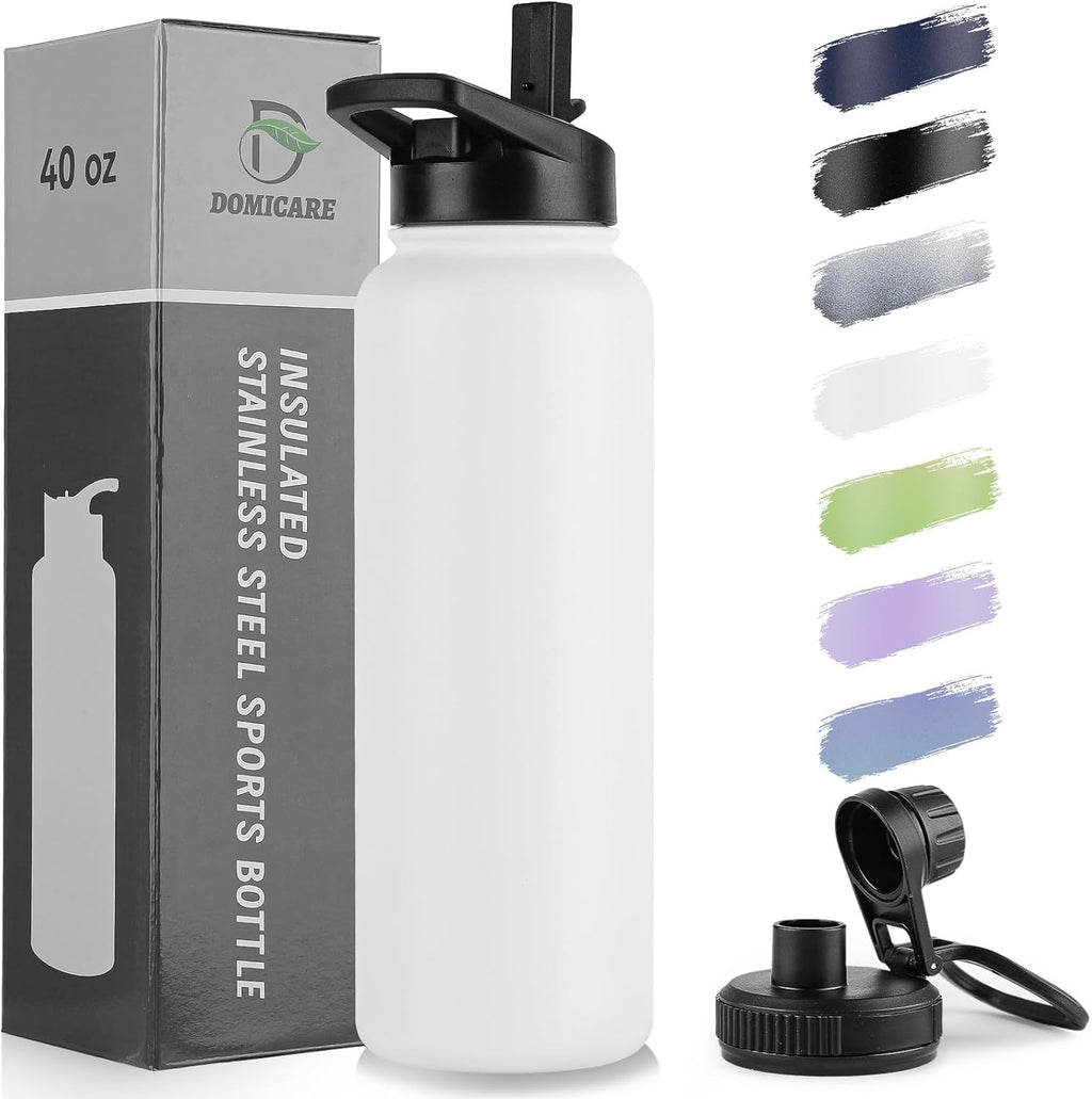 DOMICARE 40 oz Insulated Water Bottle, Vacuum Insulated Stainless Steel Sports Water Bottle with Straw Lid & Spout Lid, Leakproof, Reusable - Travel, Camping, Bike, White
