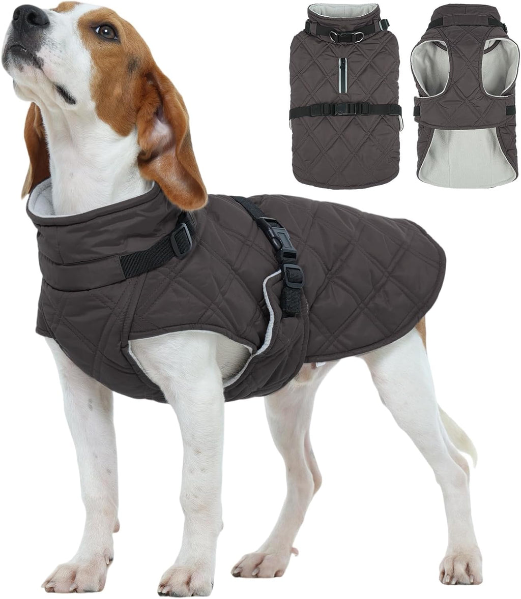 Kuoser Dog Coat Warm Fleece Lining Turtleneck Dog Jacket with Harness Built-in, Adjustable Windproof Cold Weather Coats with Quick Release Buckle Pet Winter Snowsuit for Medium Large Dogs, Grey L