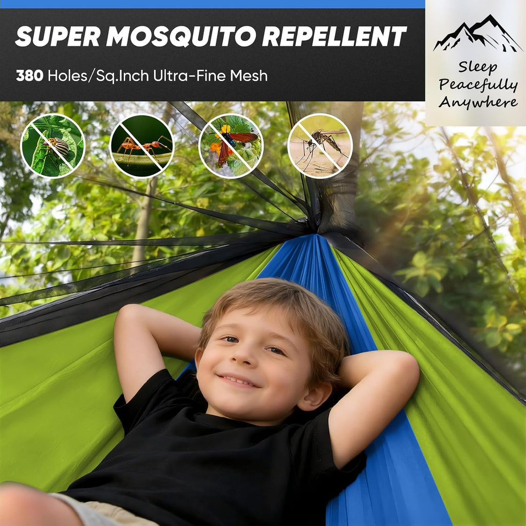 Small Camping Hammock with Mosquito Net, 450 lbs Portable Hammock with Tree Straps, 2-in-1 Double/Single Travel Hammocks, Hammock for Outside/Indoor/Backpacking/Beach - Lake Blue & Green