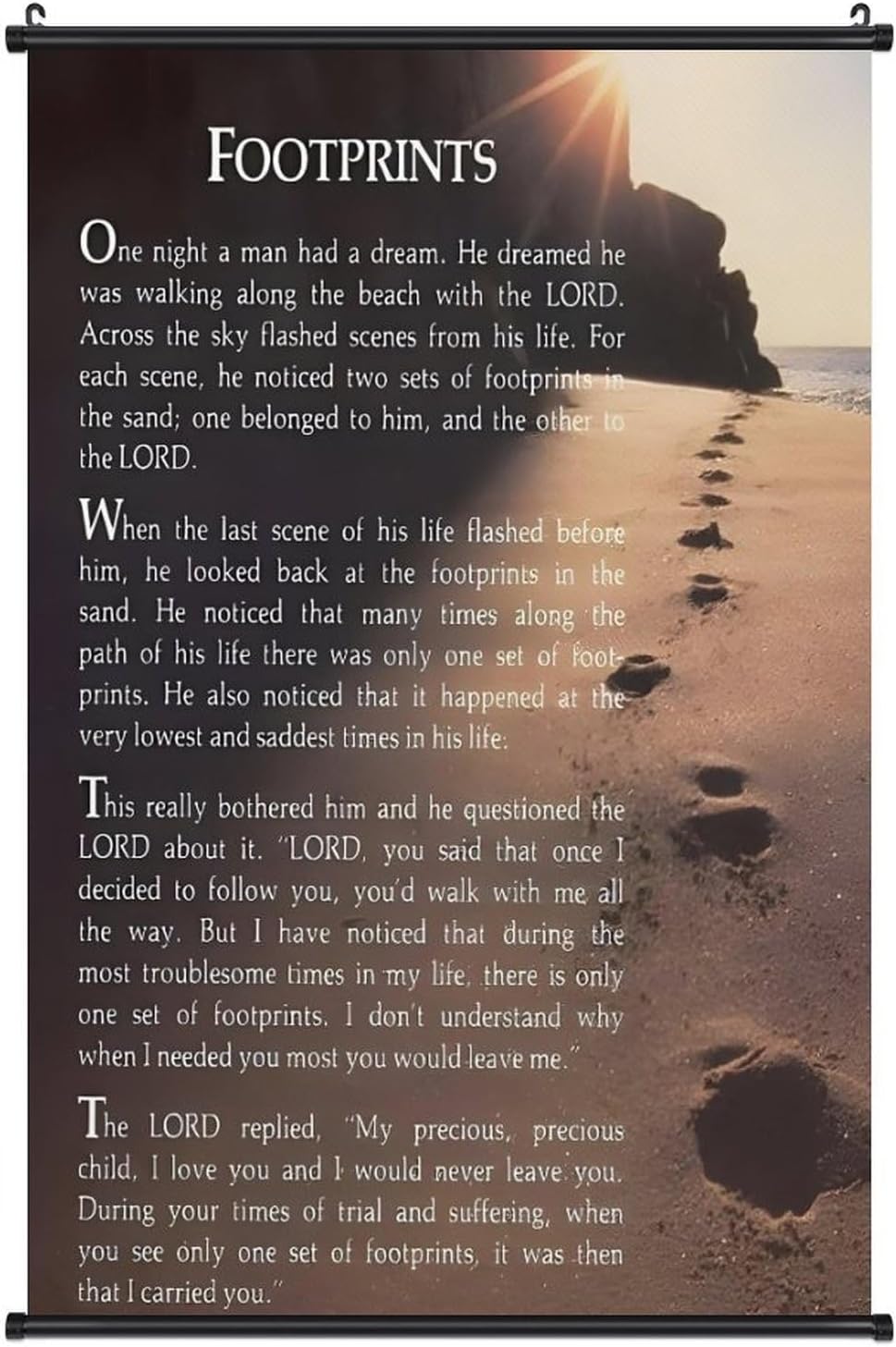 Footprints in the Sand Religious Canvas Wall Art Posters, Inspirational Beach Sunset Poem Print Poster (Black Axis 20x30inch, Footprints(7))