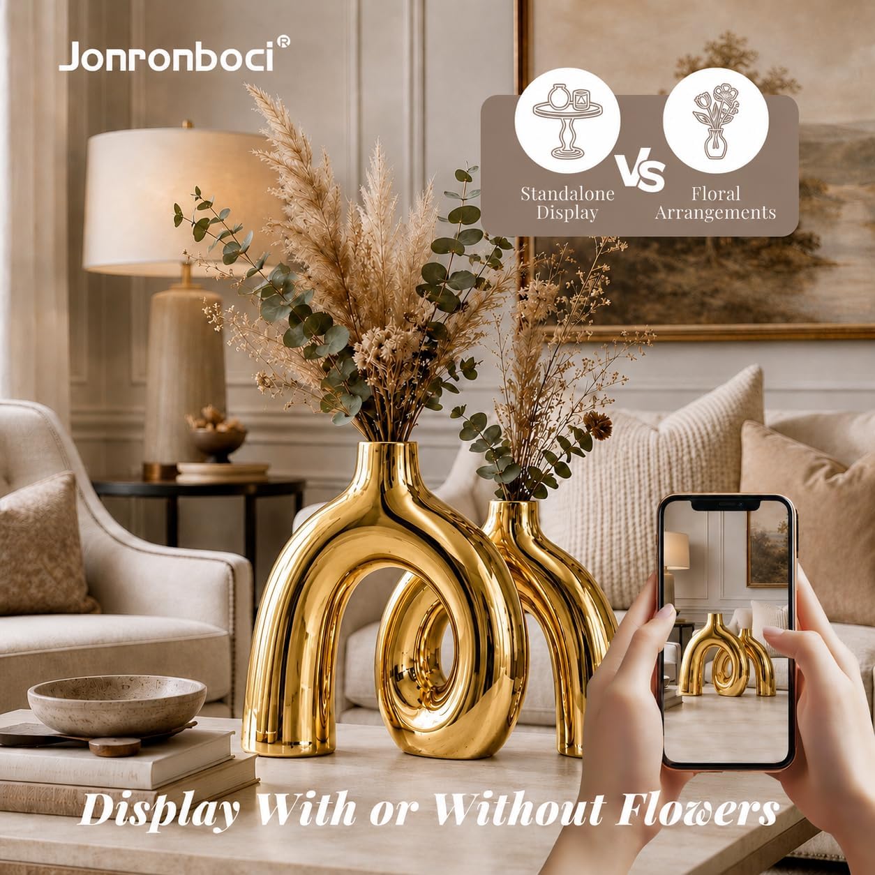 Hug Donut Decorative Vase Set - Golden Modern Classic Transitional Style Vases Home Decor, Matte Ceramic Decorations for Living Room Shelf, Bookshelf Mantle Entryway Table or Console Décor (Gold)
