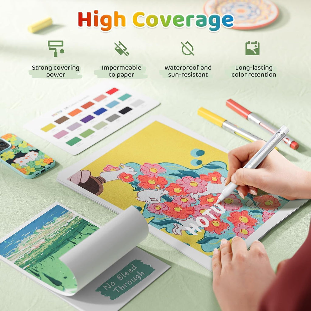 HOTU Long Lasting Acrylic Paint Markers Brush Tip 18 Colors, Automatic Ink Control Acrylic Markers for Adults Coloring Book No bleeding, Paint Pens for Rock Painting Fabric Wood Eggs DIY Crafts