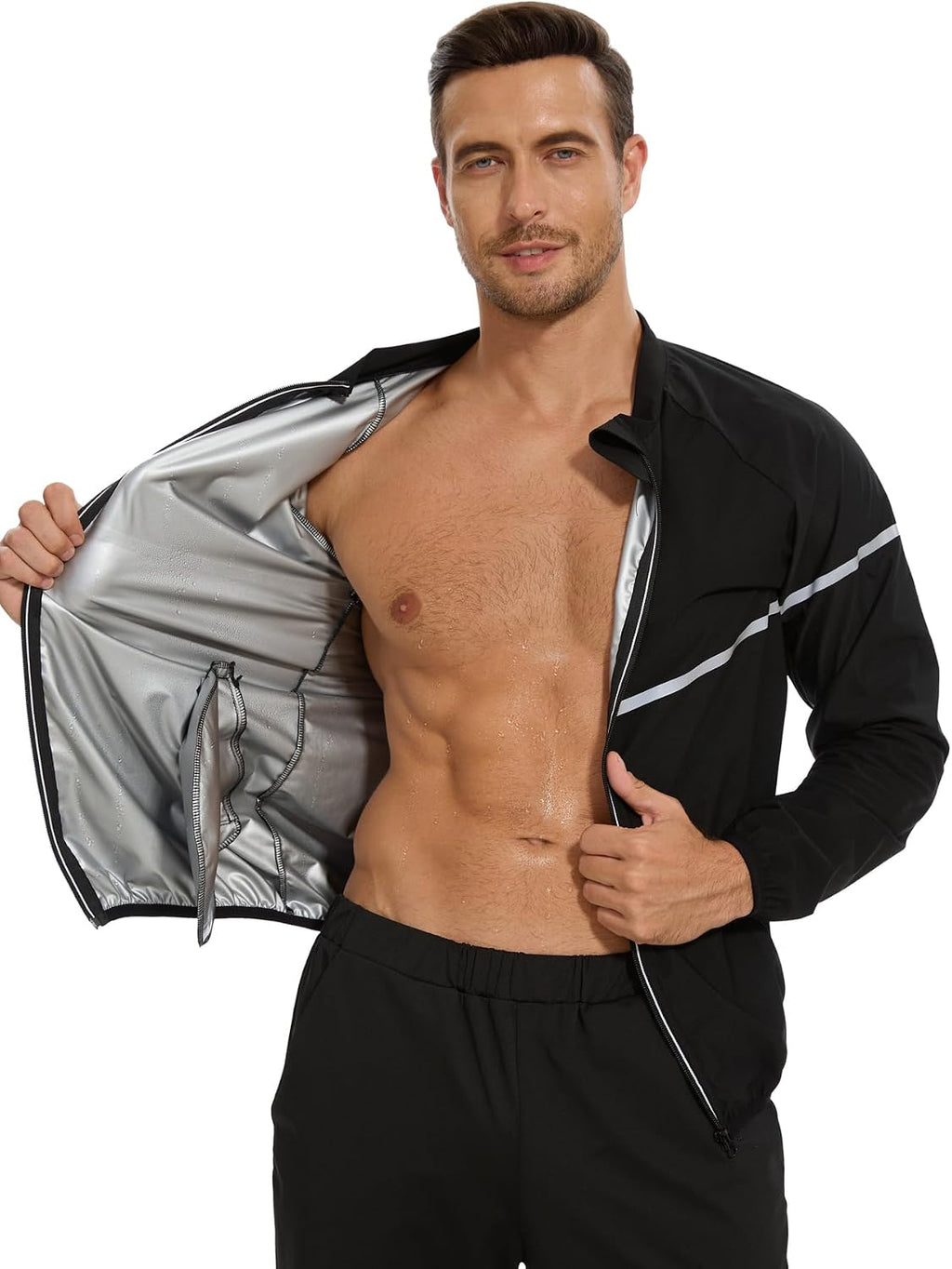 NINGMI Sauna Suit for Men Sweat Jacket Long Sleeve Shirt Zipper Workout Body Shaper Top Slimming Fitness Gym