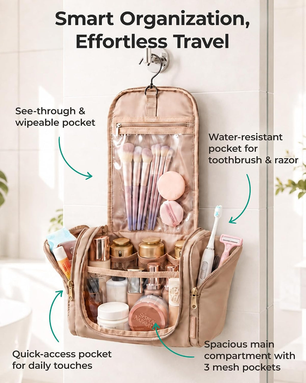 BAGSMART Travel Toiletry Bag for Women, Puffy Hanging Toiletry Bag with Hook, Water-resistant Toiletry Organizer for Full Sized Toiletries (Baby Pink)