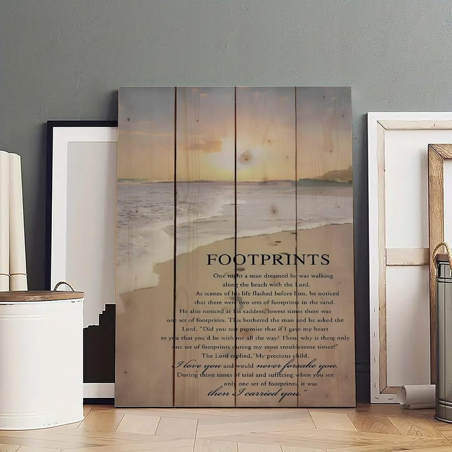 Footprints in the Sand Religious Canvas Wall Art Posters, Inspirational Beach Sunset Poem Print Poster (Framed 20x30inch, Footprints(1))