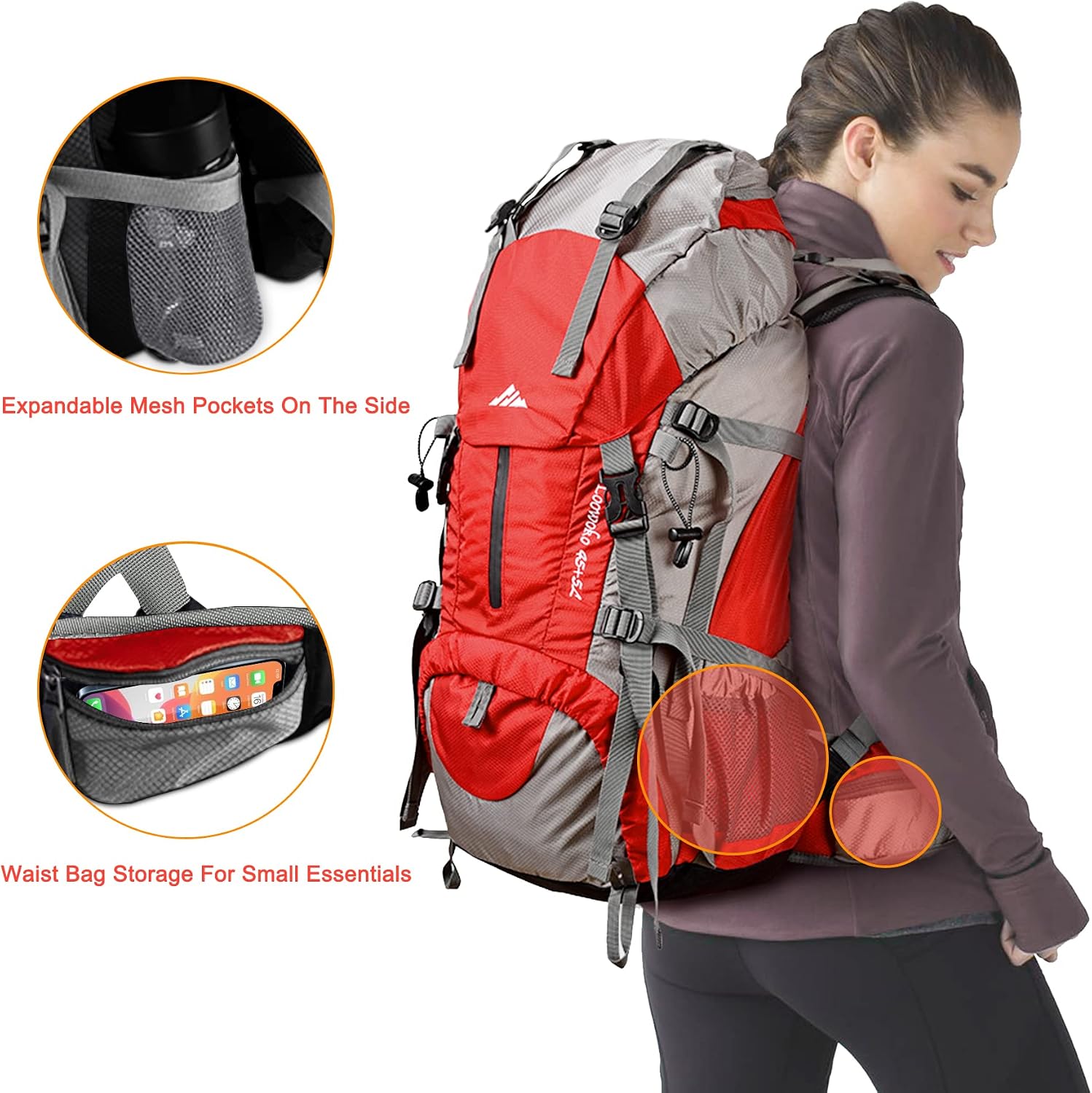 Loowoko 50L Hiking Backpack with Rain Cover for Both Men & Women | Lightweight at Just 2.8 lbs, External Extension with Compression Straps for Backpacking, Hiking, Camping, Trekking