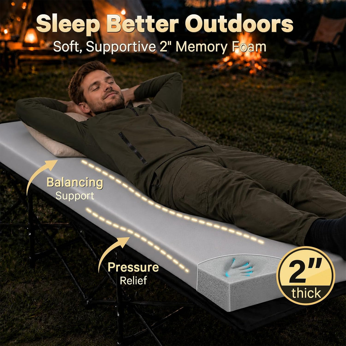 CYMULA Camping Cot Pad 2 Inch Memory Foam, Pad Only,Camping Pad for Folding Cot and Foldable Cot, Portable Roll Up Camp Gear for Car Camping Travel Tent, Non-Slip Waterproof Bottom, Removable Cover