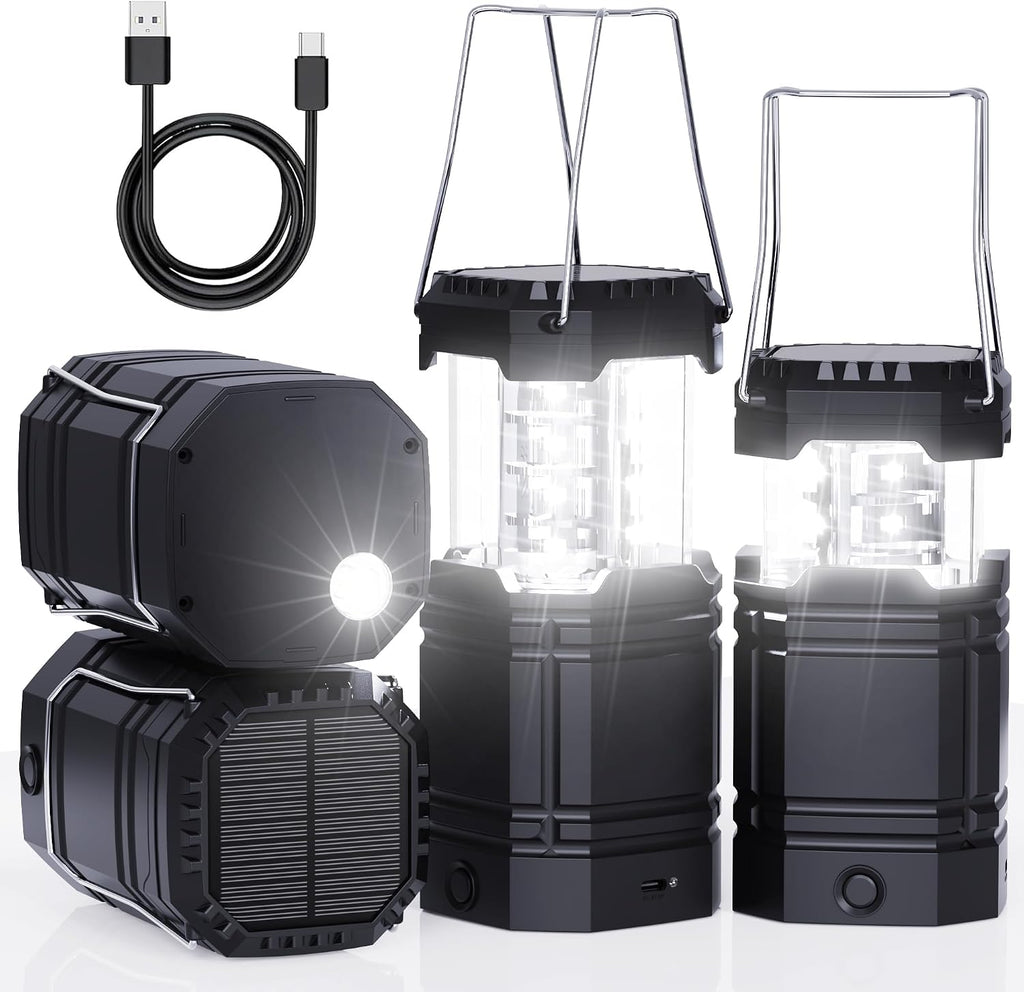 4 Pack Rechargeable Emergency Lanterns for Power Outages, USB-C & Solar Backup, Lantern Flashlight Combo, 1600mAh, 30H Runtime, Compact Hanging Lights for Camping Tent