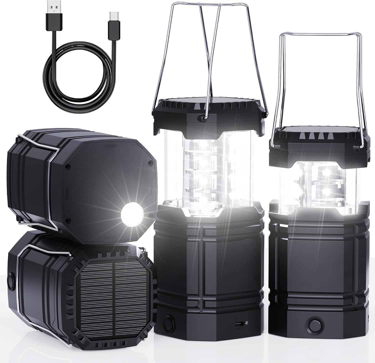 4 Pack Rechargeable Emergency Lanterns for Power Outages, USB-C & Solar Backup, Lantern Flashlight Combo, 1600mAh, 30H Runtime, Compact Hanging Lights for Camping Tent