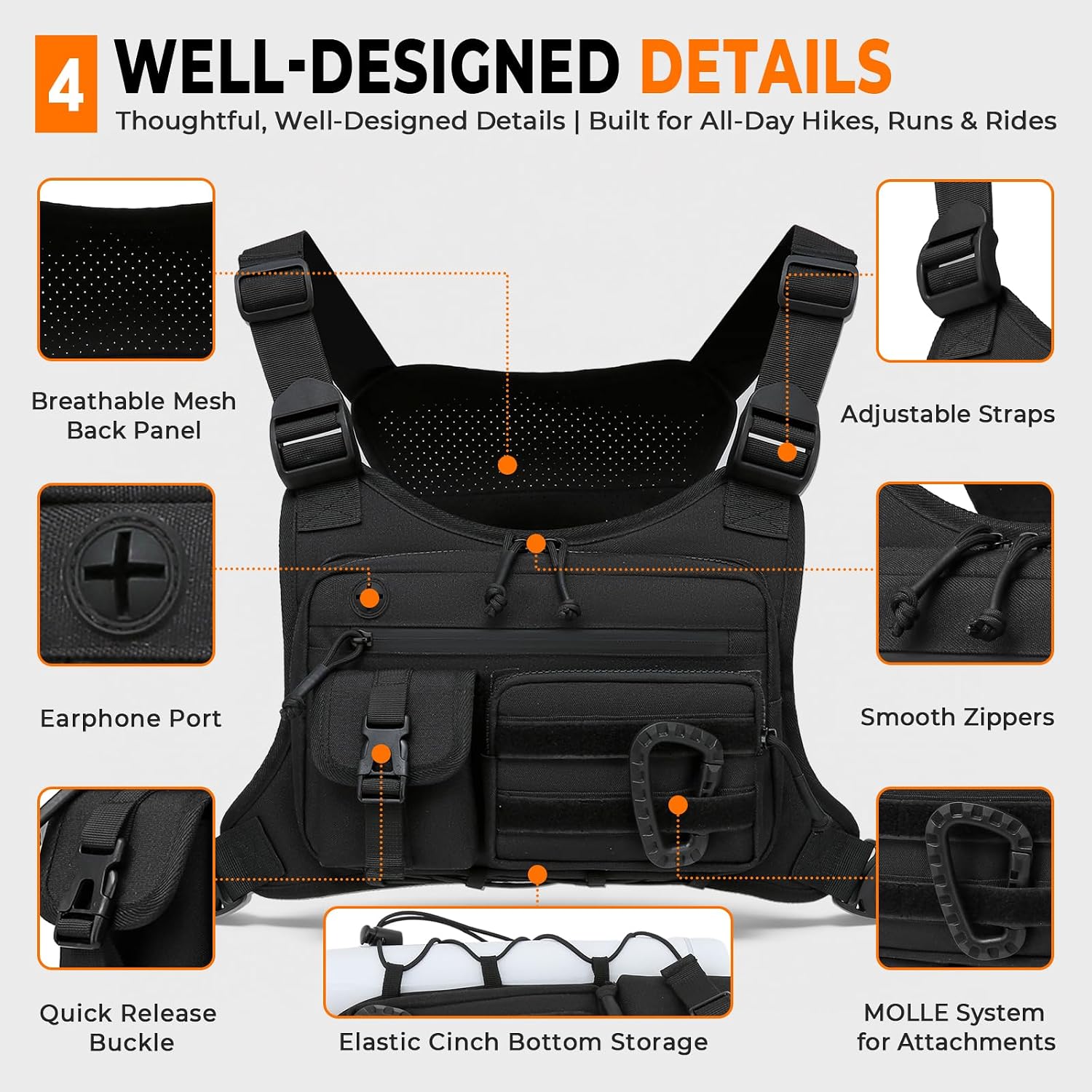 Muserise Outdoor Chest Bag For Men and Women, Tactical Vest For Running, Cycling, EDC Chest Pack Rig For Sports and Workouts