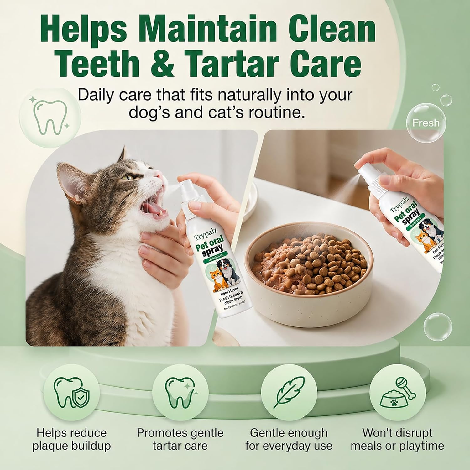Halpilt Pet Oral Tartar Remover Spray, Trypalz Spray for Dogs & Cat, Plaque & Tartar Remover, Supports Fresh Breath & Clean Teeth, Eliminates Bad Breath for Healthy Gums, Beef Flavor (1)