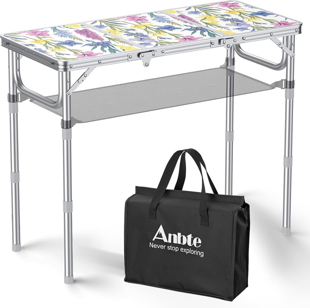 Anbte 3ft Folding Camping Table, 3 Adjustable Height Max 27.5",Floral Bloom