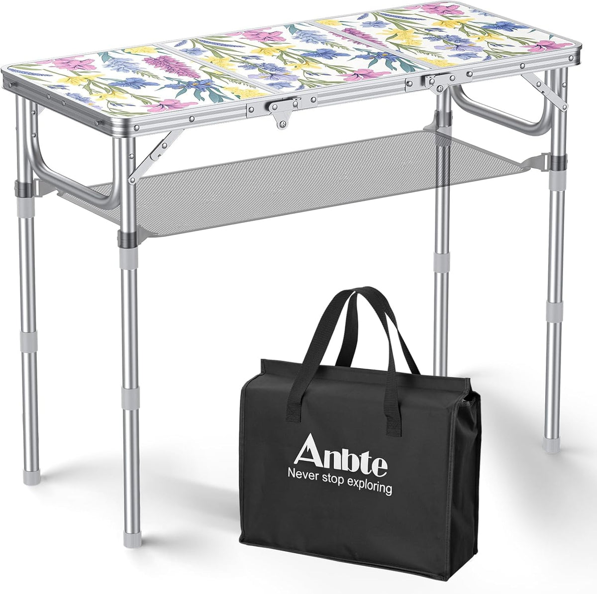 Anbte 3ft Folding Camping Table, 3 Adjustable Height Max 27.5",Floral Bloom