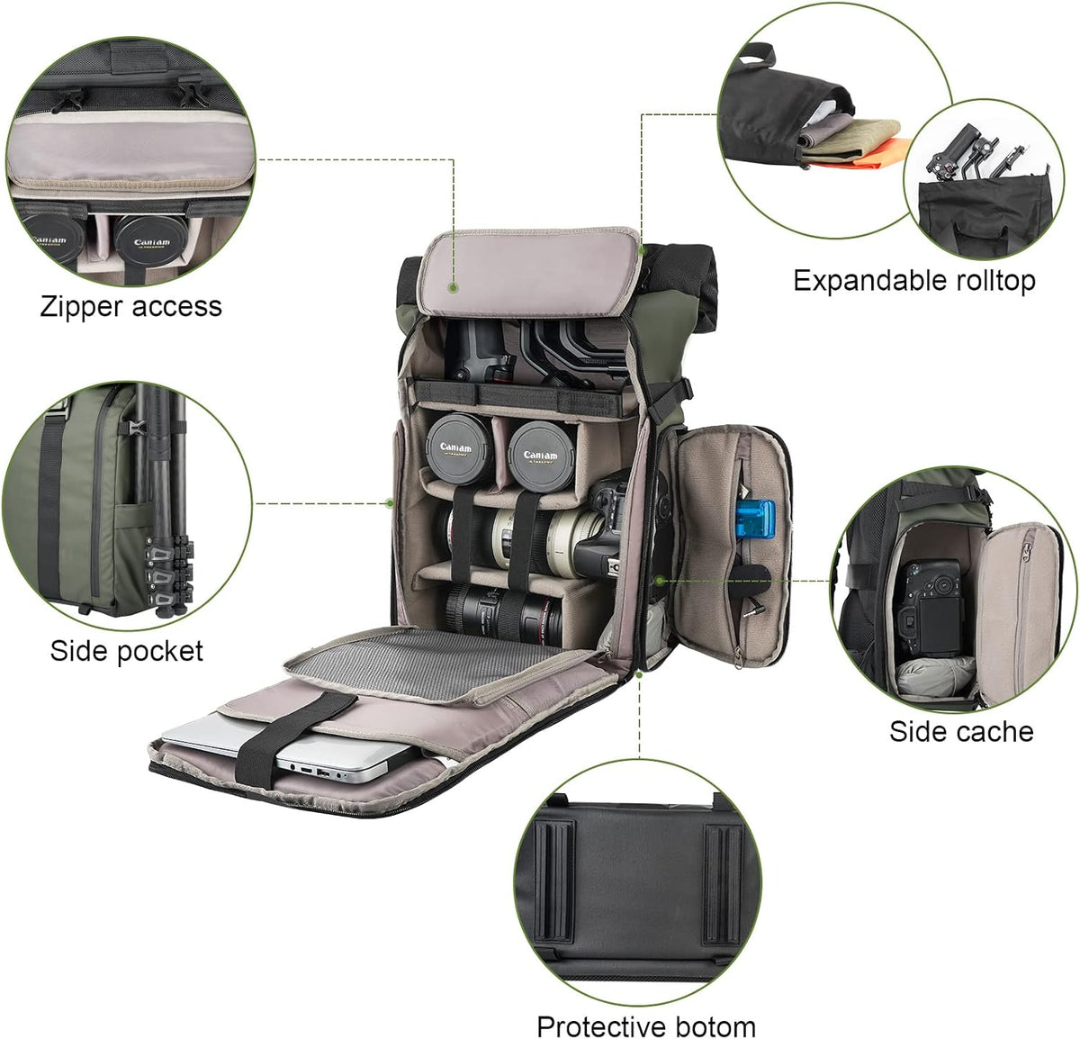 Besnfoto Camera Backpack for Photographer DSLR SLR Waterproof Camera Bag with Laptop Compartment Tripod Holder Roll Top Photographer Case for Hiking Traveling