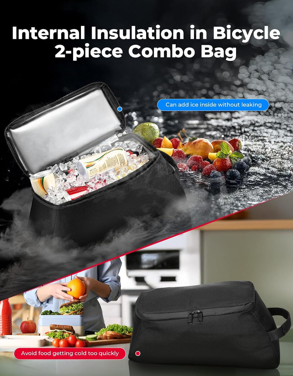 KEMIMOTO 8L Bike Rear Rack Bag, with 6L Removable Cooler Pouch