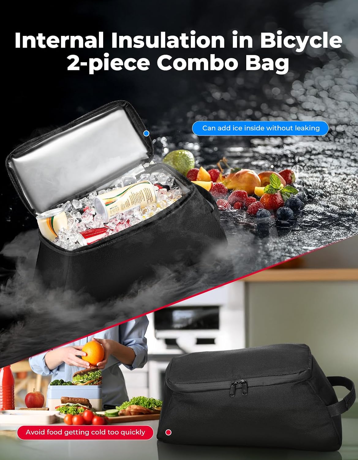 KEMIMOTO 8L Bike Rear Rack Bag, with 6L Removable Cooler Pouch
