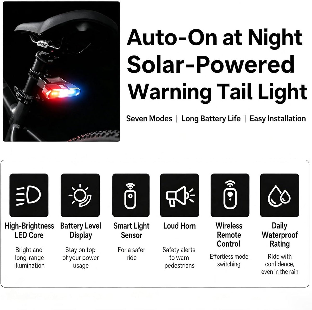 7 Mode Bike Lights with Solar Power Charge, Smart Sensing Bicycle Lights
