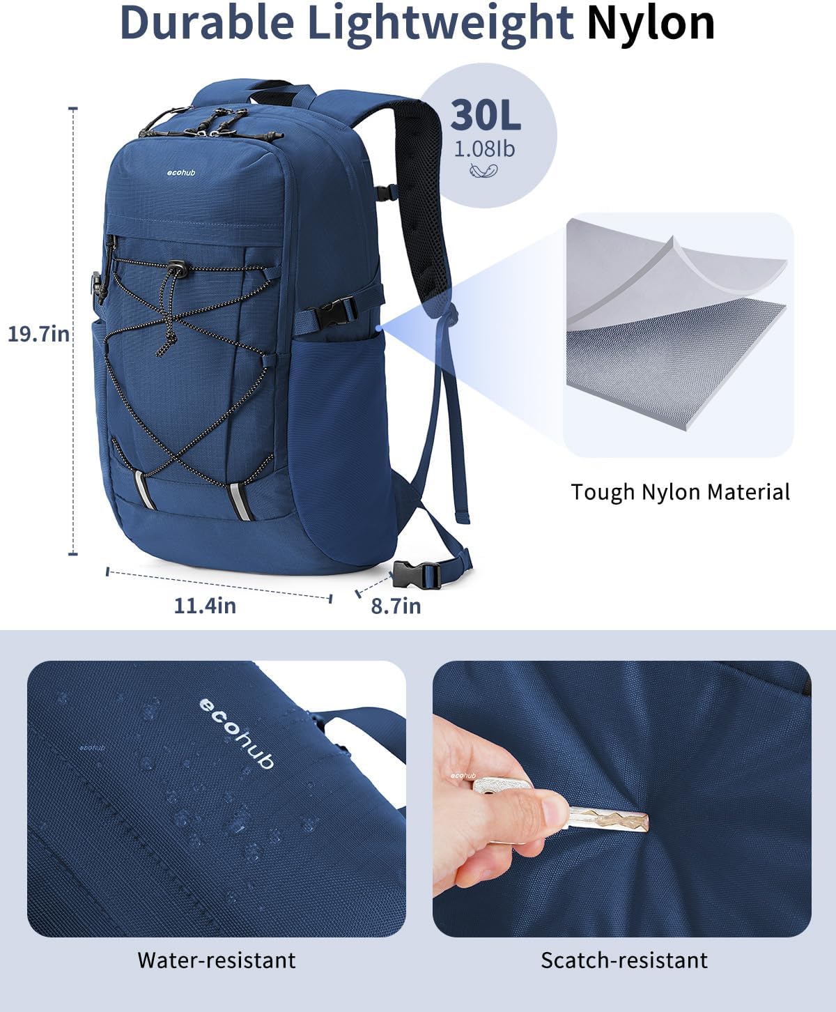 ECOHUB Hiking Backpack 30L Travel Backpack Lightweight Casual Daypack Water Resistant Camping Bag Outdoor Sports Back pack for Men Women