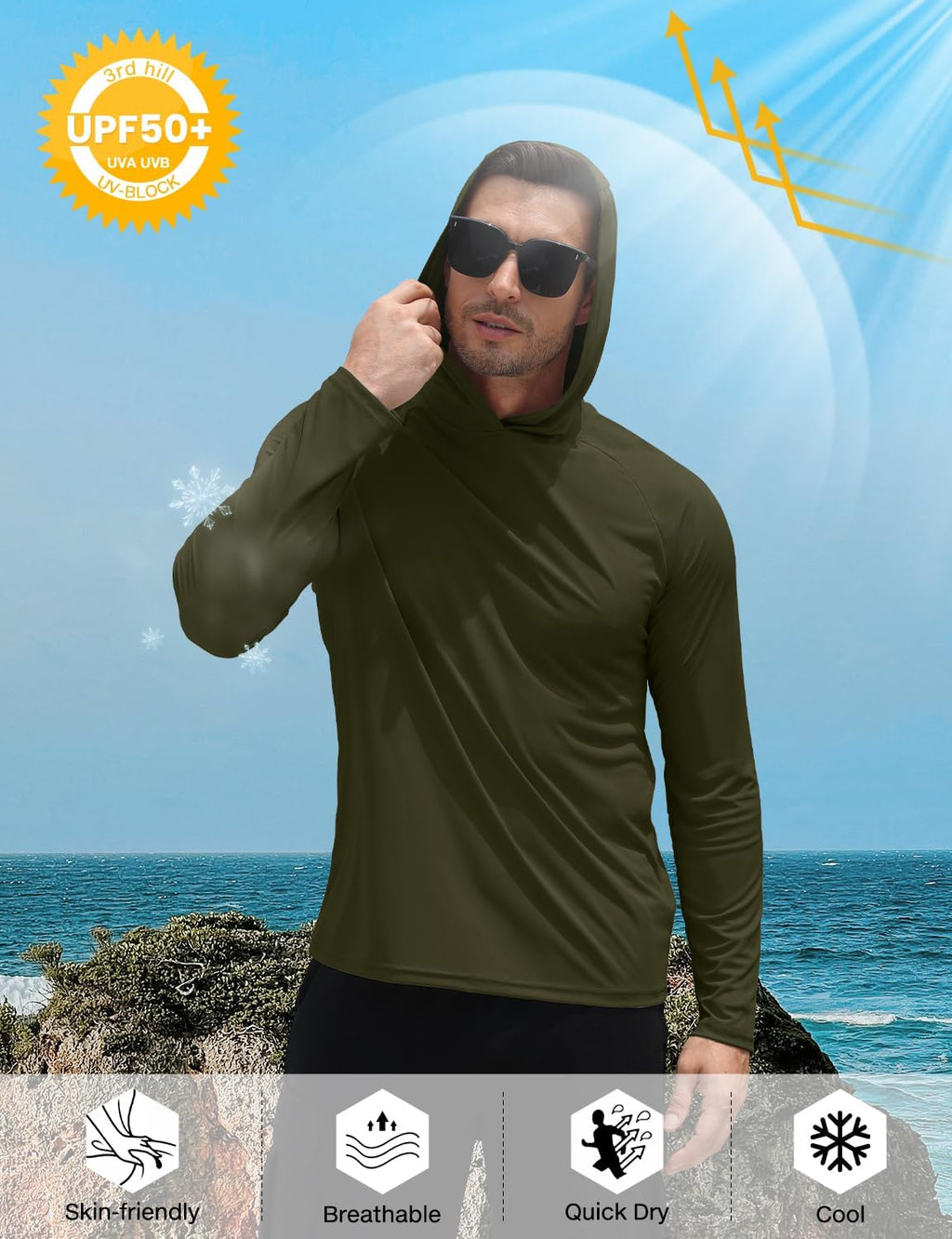 Mens UPF 50+ Sun Hoodie UV Protection Long Sleeve Swimming Rash Guard SPF Quick Dry Fishing Shirt for Outdoor Sports