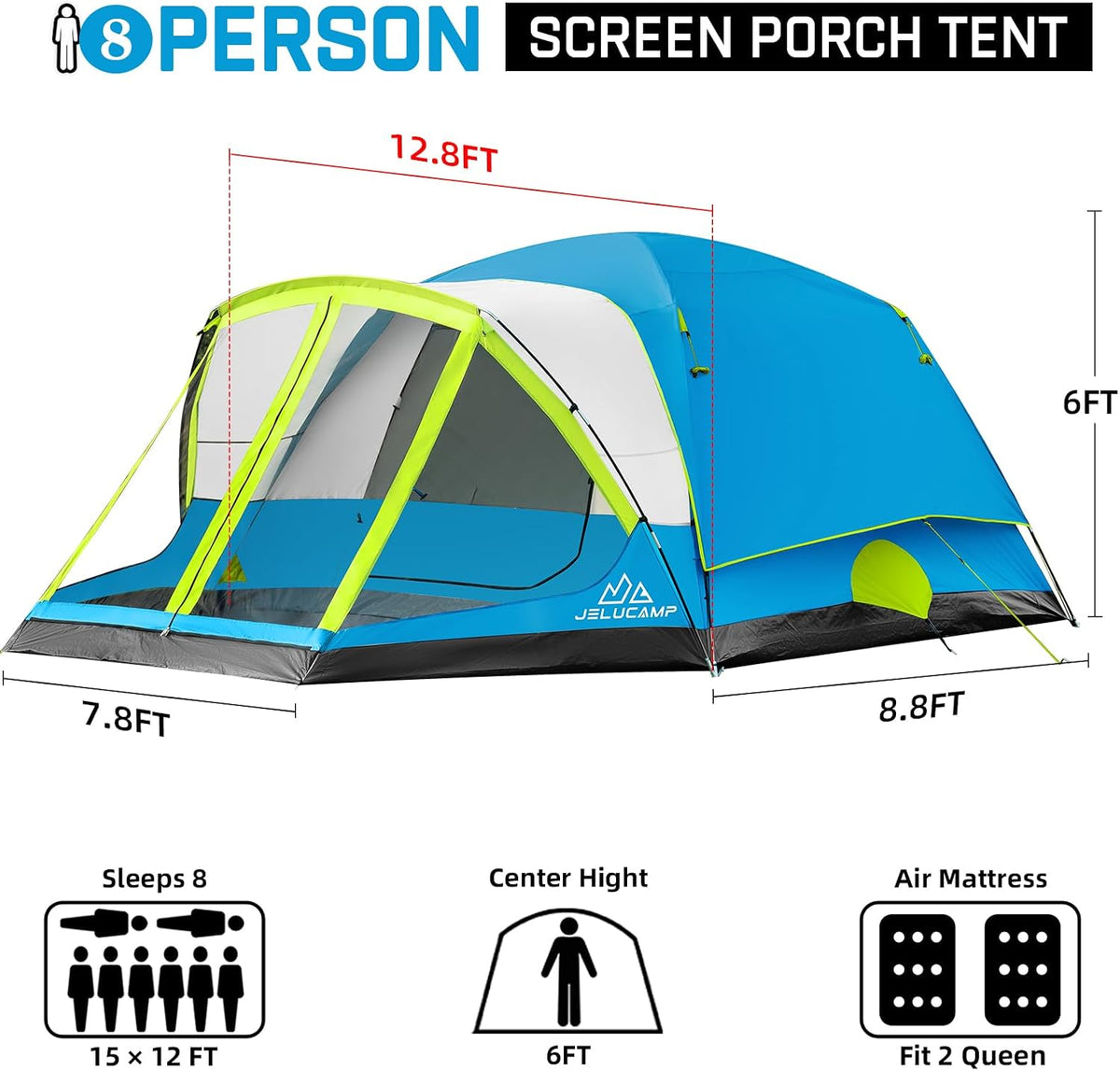 JELUCAMP 6/8 Person Camping Tent with Screen Porch Family Tents for Camping