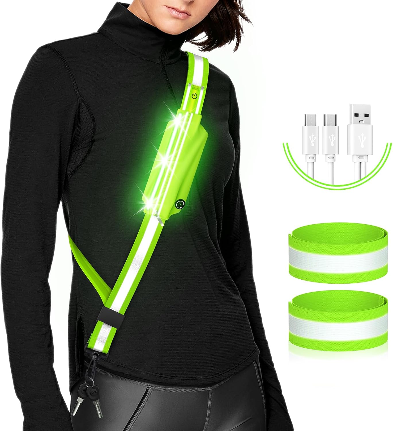 Ylzzrs LED Belt Reflective Sash for Walking at Night,High Visibility Adjustable Night Running Safety Gear,Light Up Running Belt Reflective Gear with Phone Bag/Armband for Runners Walkers Men Women