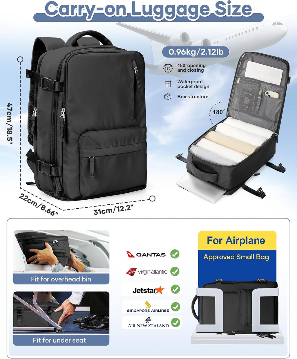 Large Travel Backpack Women Carry On Hiking Backpack Waterproof Outdoor Sports Casual Daypack Personal item Travel Bag Airplane Essentials Spirit Airline Flight Approved Shoes Compartment Men,Black
