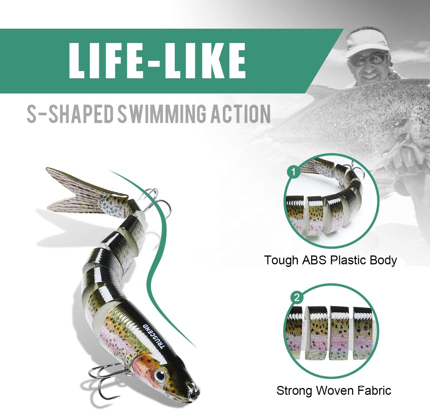 TRUSCEND Swimmax Easy Catch Fishing Lures with BKK Hooks, Wiggling, Vibrating, Rattling and Gurgling for More Bite, Heavy-Duty Dyneema Fiber Jointed Swimbaits for Bass, Trout, Walleye, Crappie, Pike