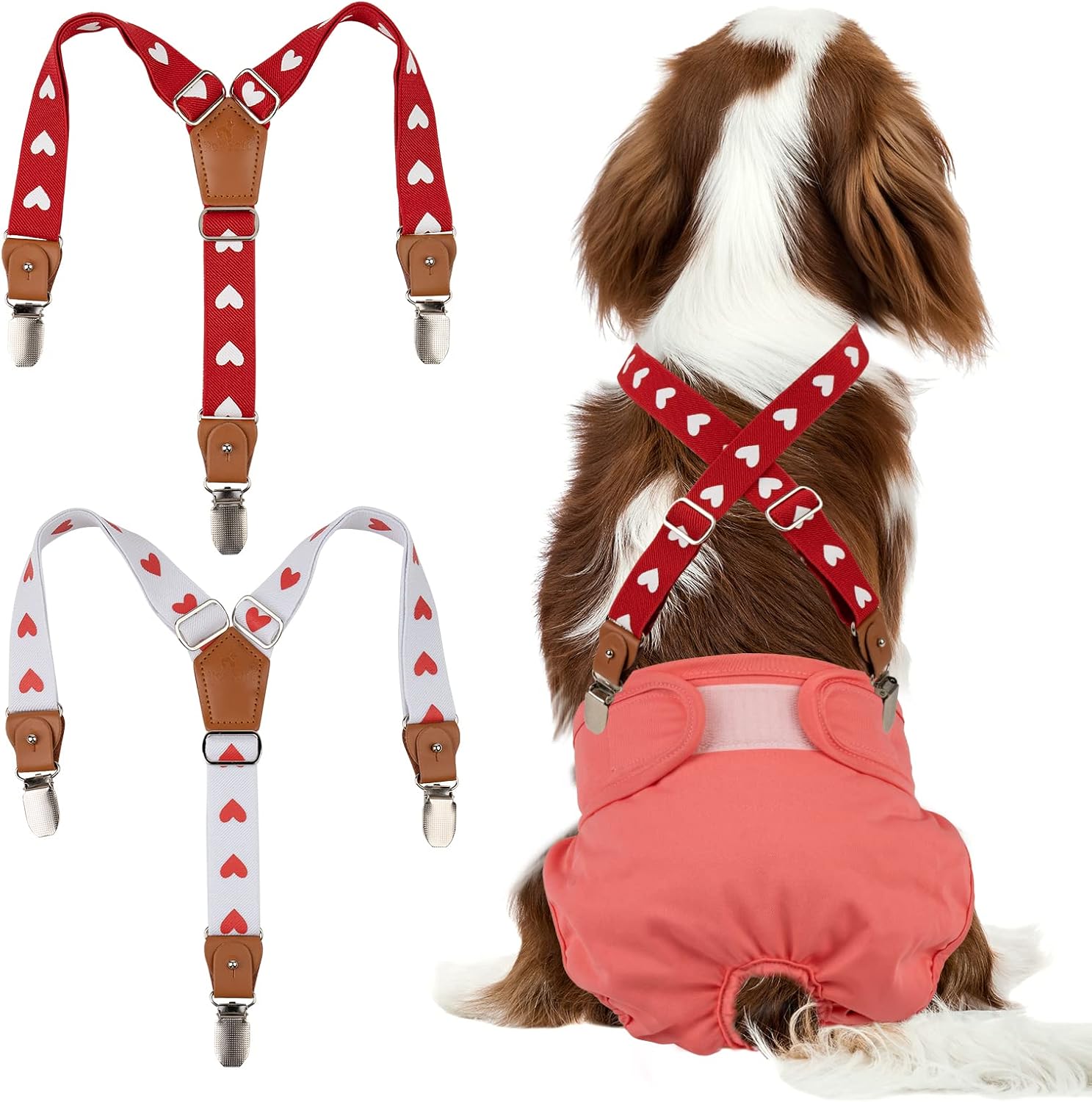 Pet Soft Dog Suspenders 2 Pieces Female Dog Diaper Suspenders for Dogs Diaper Keeper Suspender for Dogs Skirt, Dress, Diapers (Cute Hearts, S/M)