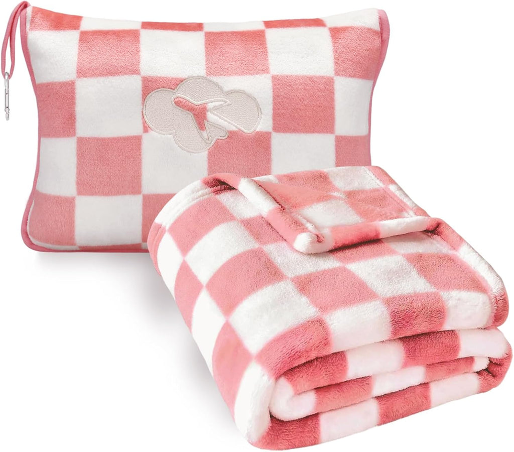 Travel Blanket and Pillow Compact, Premium Soft 2 in 1 Airplane Blanket with Soft Bag Pillowcase，Hand Luggage Sleeve and Backpack Clip (Ckeckered Pink)