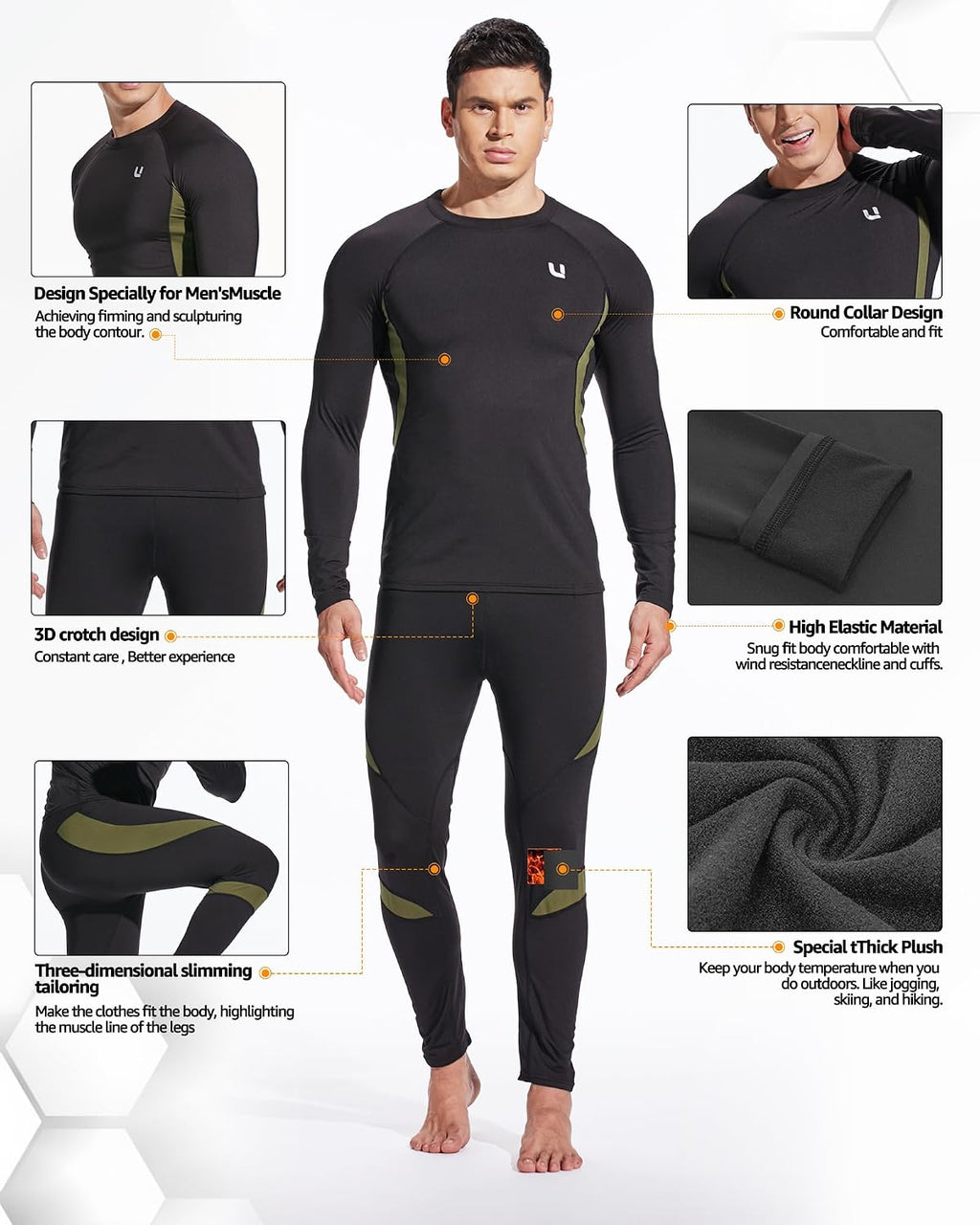 UNIQUEBELLA Men's Thermal Underwear Sets Top & Long Johns Fleece Sweat Quick Drying Thermo Base Layer