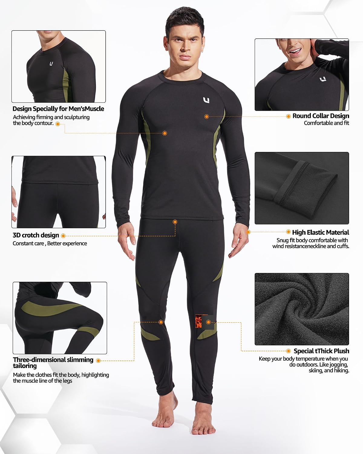 UNIQUEBELLA Men's Thermal Underwear Sets Top & Long Johns Fleece Sweat Quick Drying Thermo Base Layer