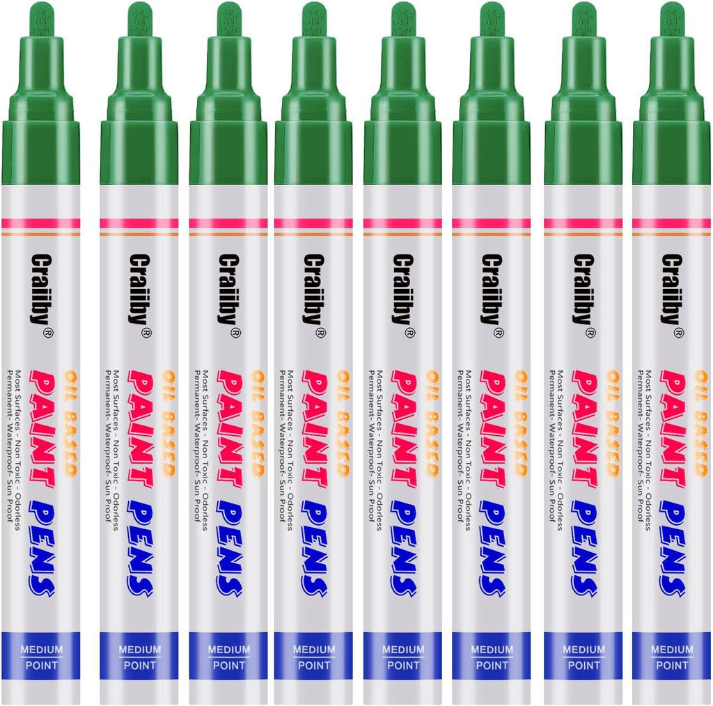 Green Paint Markers, 8 Pack Oil-Based Waterproof Quick Dry Permanent Paint Pen Set for Rocks Painting, Wood, Fabric, Plastic, Canvas, Glass, Mugs, Metal, Tire, Stone, DIY Craft