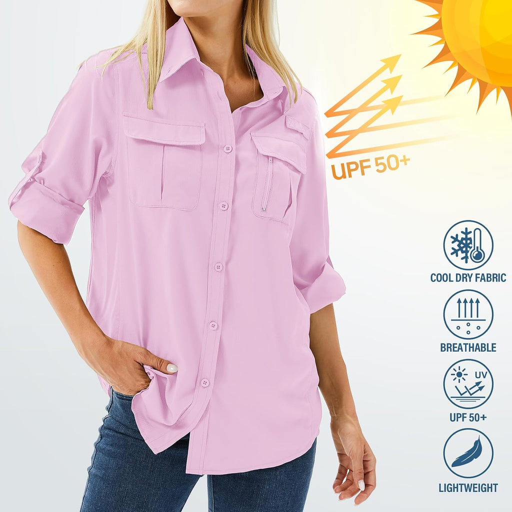 Women's UPF 50 Long Sleeve Sun Protection Safari Fish Hiking Shirts