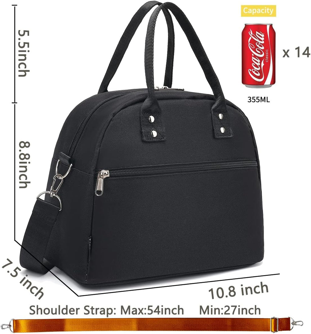 FlowFly Insulated Lunch Bag With Shoulder Strap for Women, Men, and Kids, Large and Reusable, Handle, Freezable Work and School Travel Tote and Meal Prep Organizer (Black)