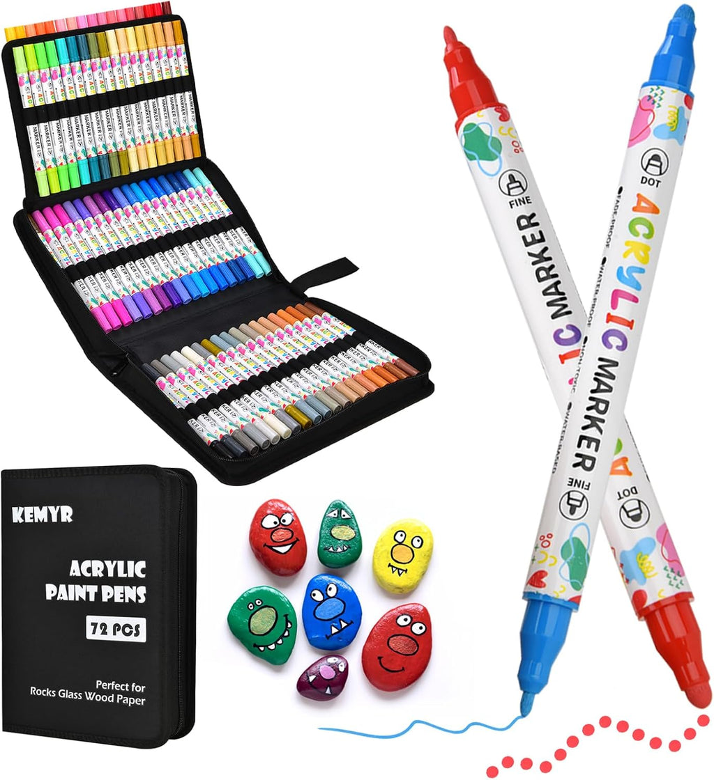 KEMYR 72 Colors Acrylic Paint Pens, Dual Tip Acrylic Paint Markers for Paper, Wood, Canvas, Stone, Rock Painting, Glass, Fabric, DIY, Ceramic, Art Supplies for Adults Drawing (Dot + Fine)