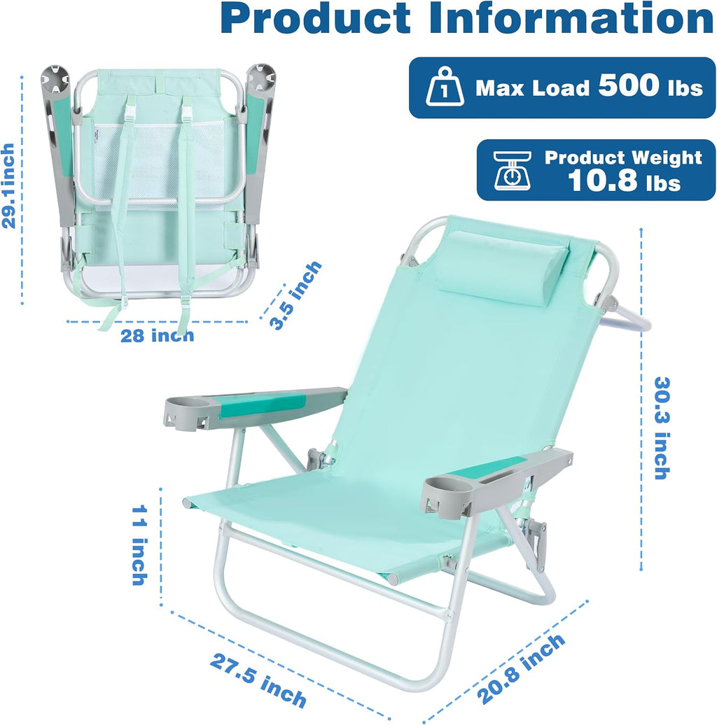 SUNNYFEEL Extra Wide Low Beach Chair 2 Pack 5 Position Lay, XL Oversized Portable Folding Camping Chairs with Cup Holder for Outdoor/Sand, Foldable Backpack Beach Chair for Adults Heavy Duty 500 LBS